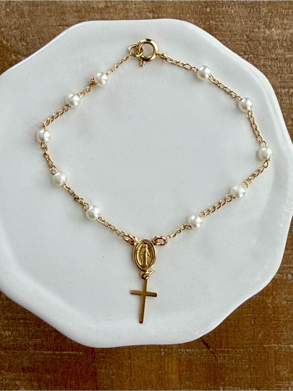 18k Gold Filled Pearl Rosary Bracelet with Cross Charm - Women Jewelry